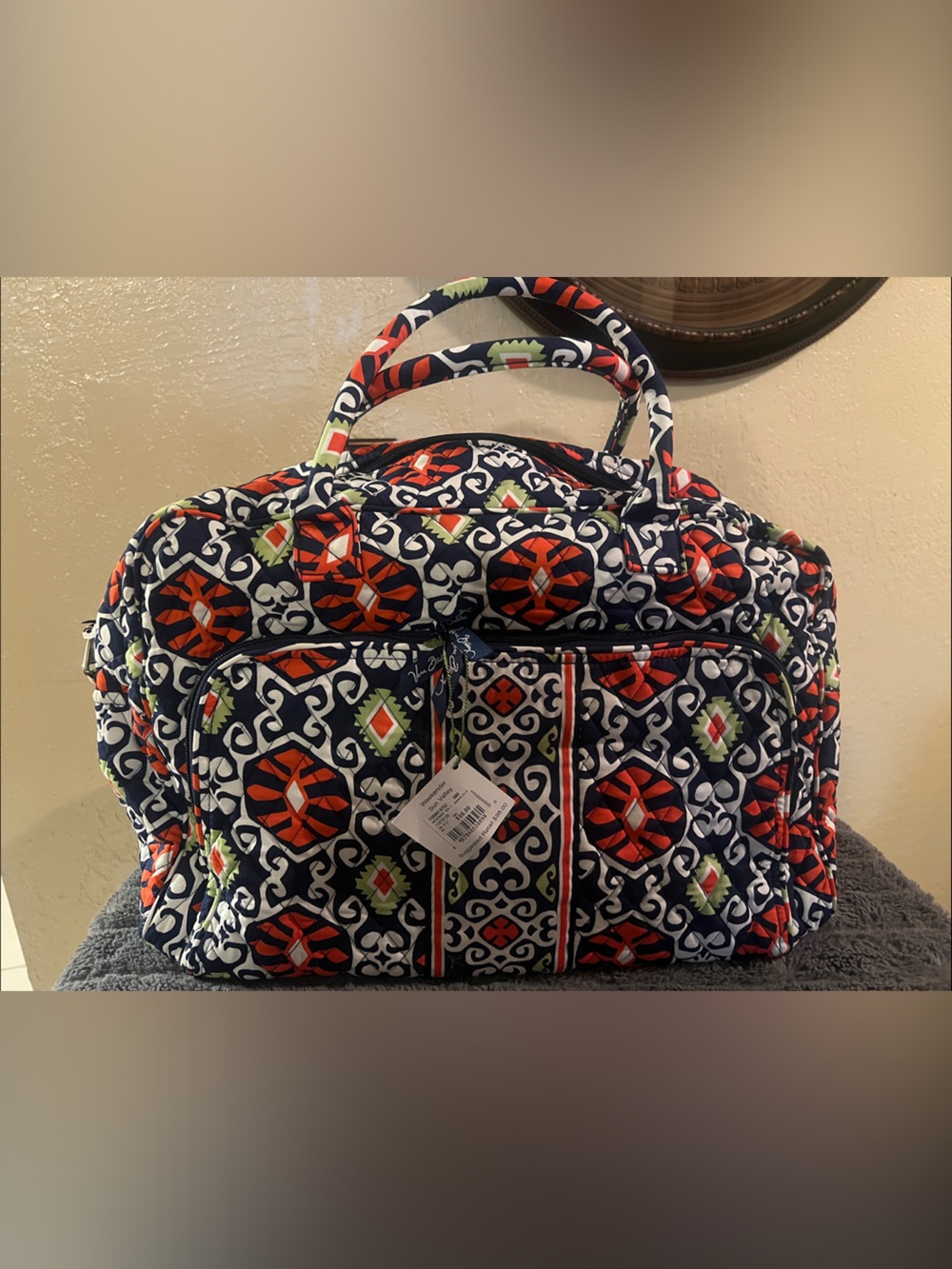 Vera Bradley Quilted Tote in Navy, Red & Lime Accents